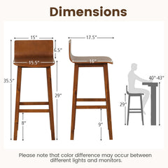 29 Inch Wood Bar Stools Set of 2 with Solid Back and Seat